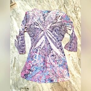 California Bloom Boho Tunic Top Multicolor Swirl Print Rhinestone Embellished M